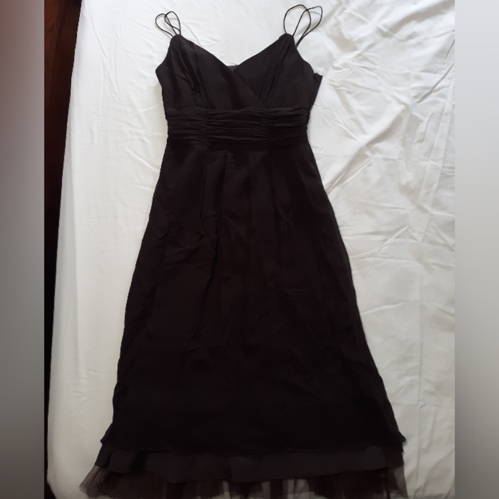 VINTAGE Ann Taylor brown silk pleated midi cocktail dress with spaghetti straps